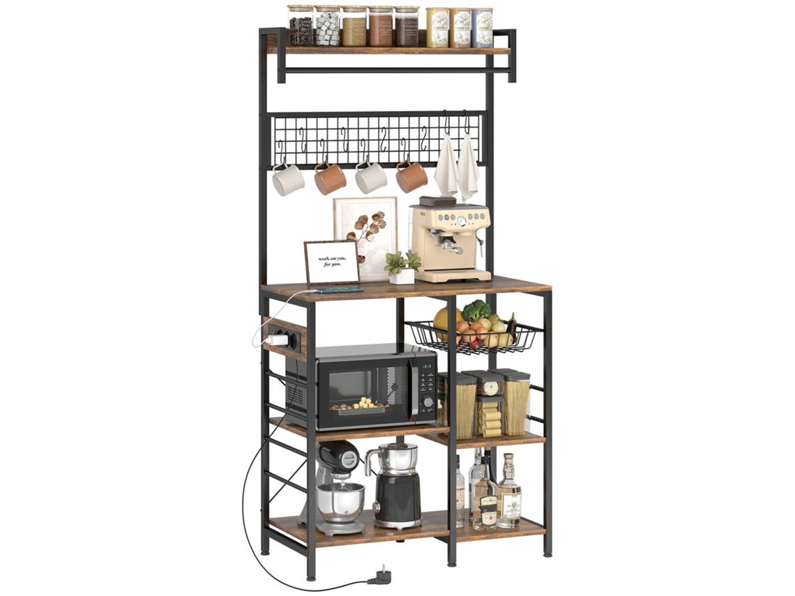 Estantería de cocina con tres enchufes y luces LED, estilo industrial, con estantes para microondas, 80x42x162 cm, marrón rústico y negro.