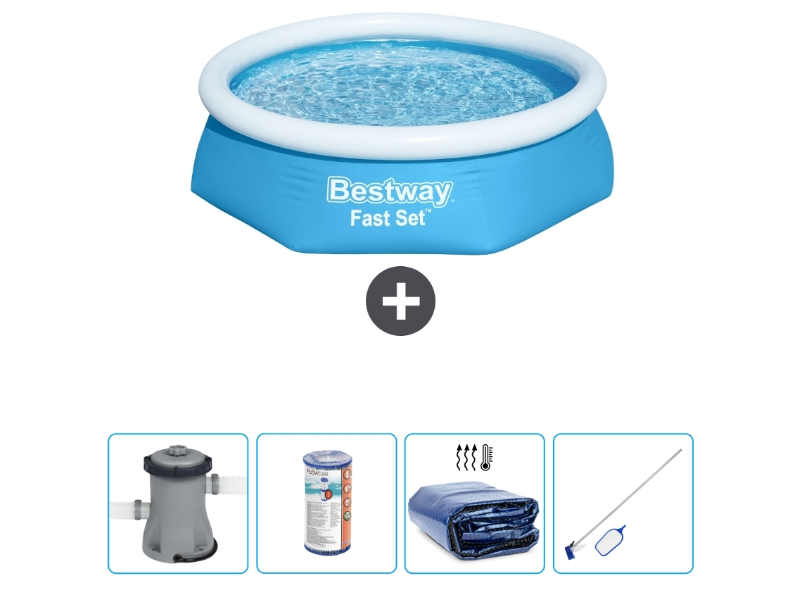 Piscina hinchable redonda Fast Set BESTWAY - 244 x 61 cm - Azul - Bomba incluida Filtrar - Vela solar - kit de limpieza