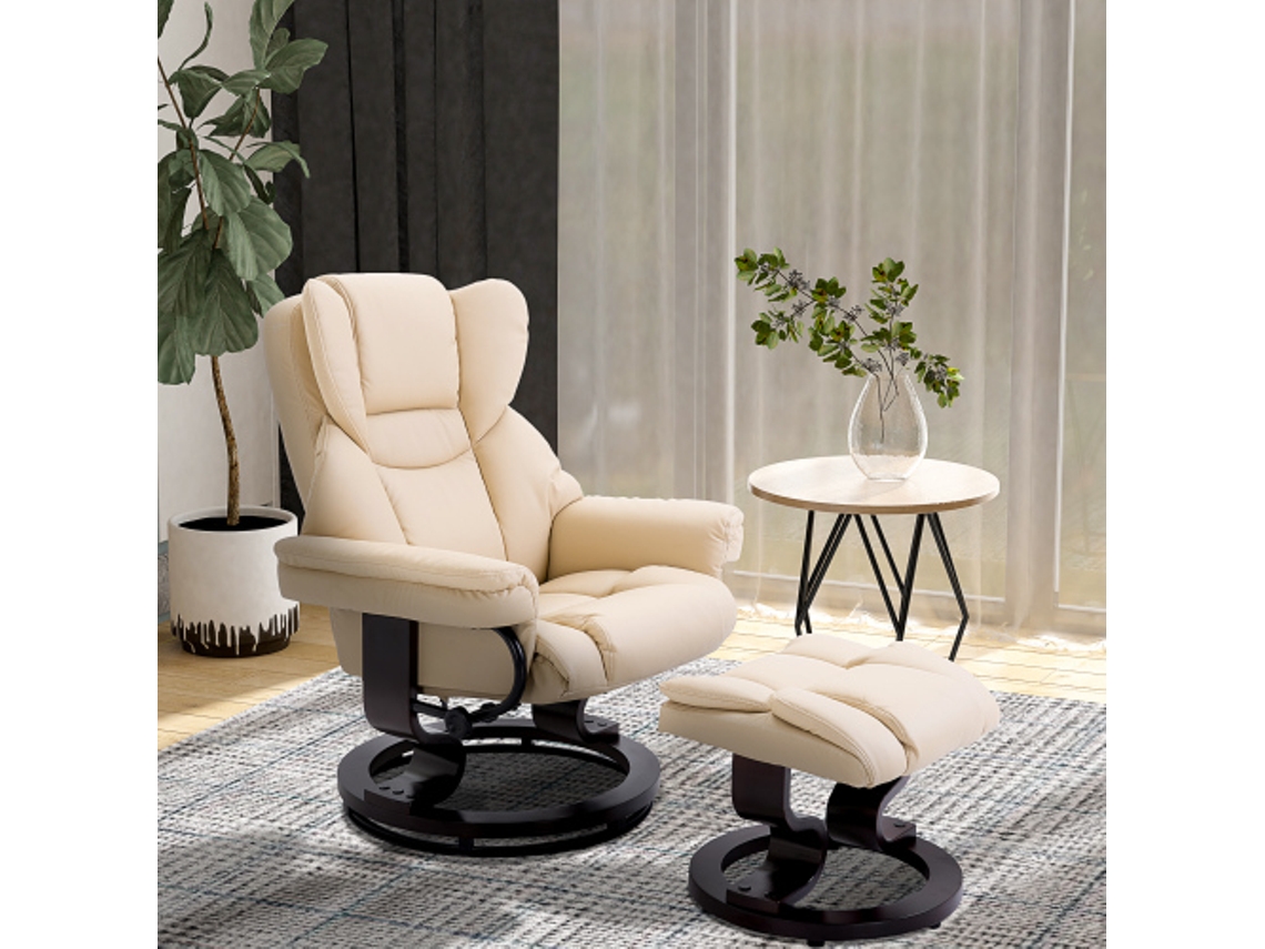Sillón reclinable con reposapiés, ideal para salones y dormitorios, fabricado en piel sintética beige. Tienda BAGOLY.