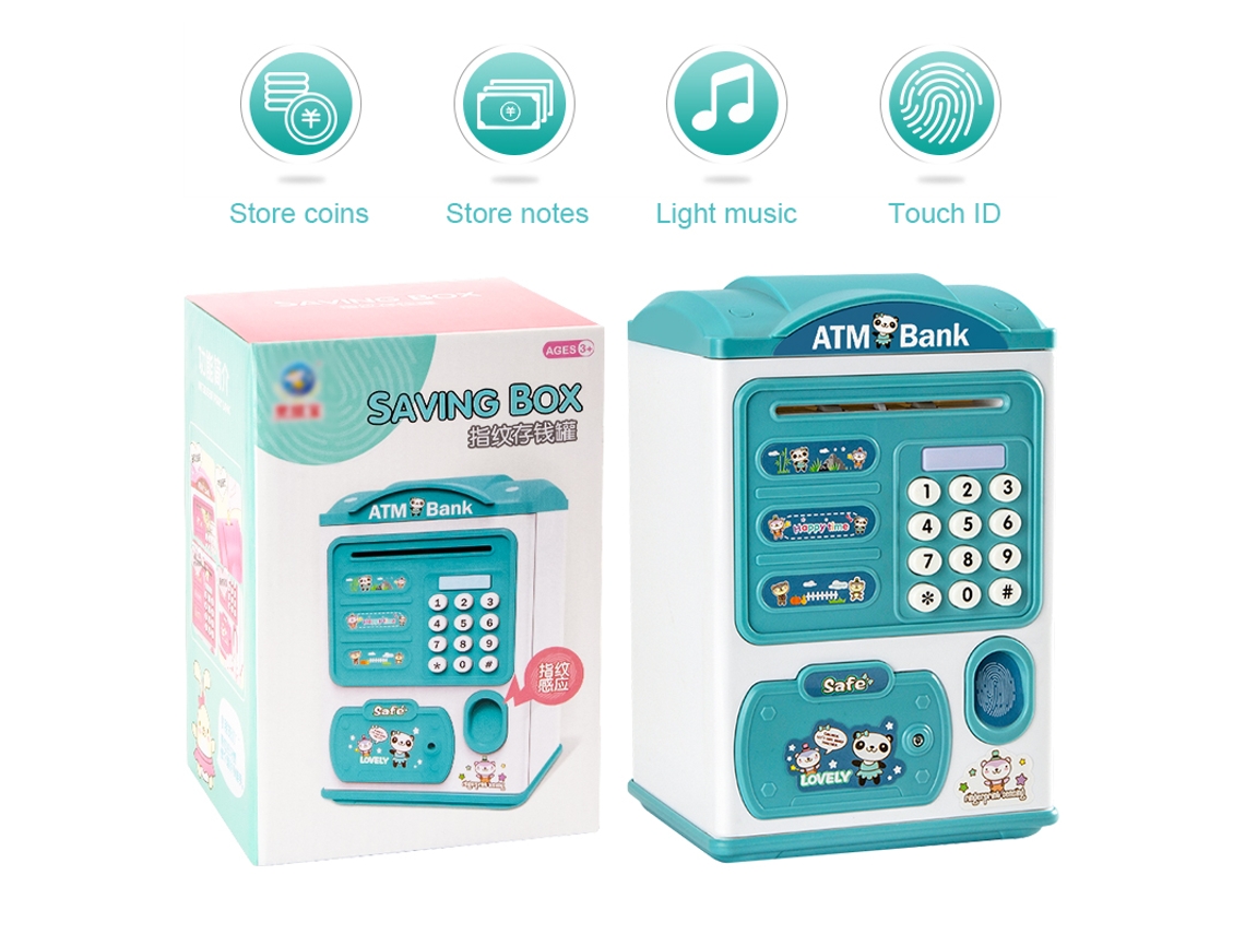Caja fuerte infantil tipo cajero automático con asa, desbloqueo por contraseña y huella dactilar, música y divertida función de hucha. Aeuzwr