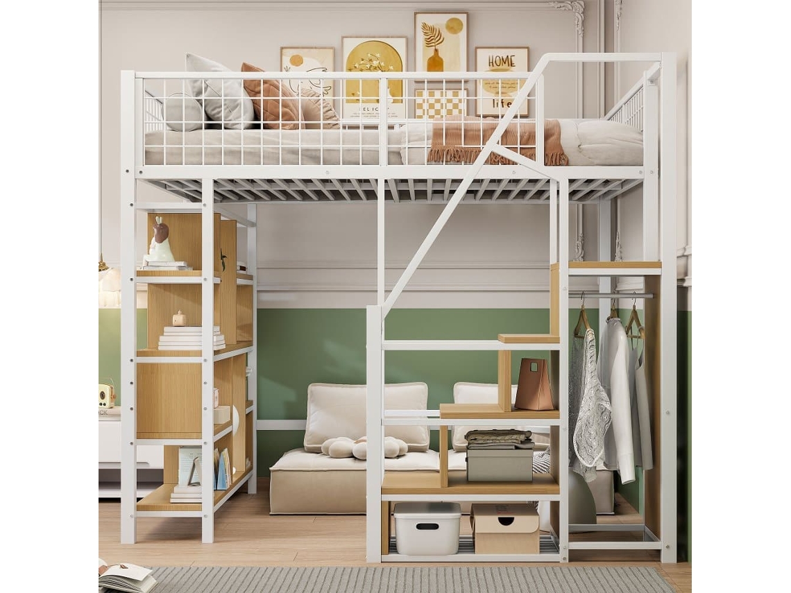 Cama Alta Multifuncional 140 X 200 Cm - Con Almacenamiento, Estantes Y Escalera - Blanco