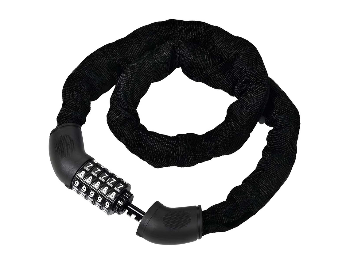 Cable antirrobo con combinación de 5 dígitos, 120cm, con cabezal de hierro negro.