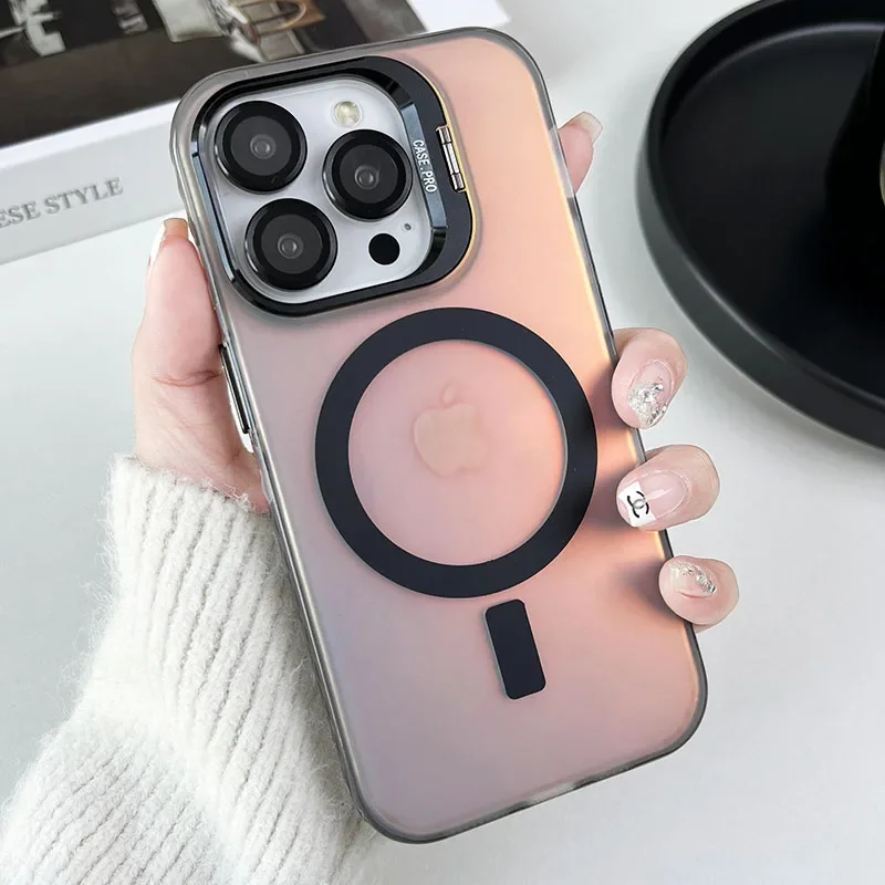 (iphone 16 Pro, Negro) Funda Protectora Magnética Magsafe Para Iphone Con Cristal Para La Lente Y Soporte Metálico.