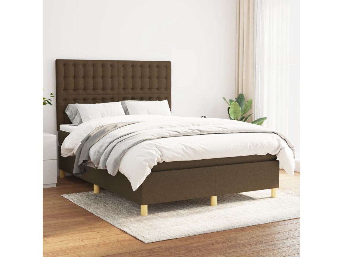 Cama Box Spring Con Colchón Tela Marrón Oscuro 140x200 Cm