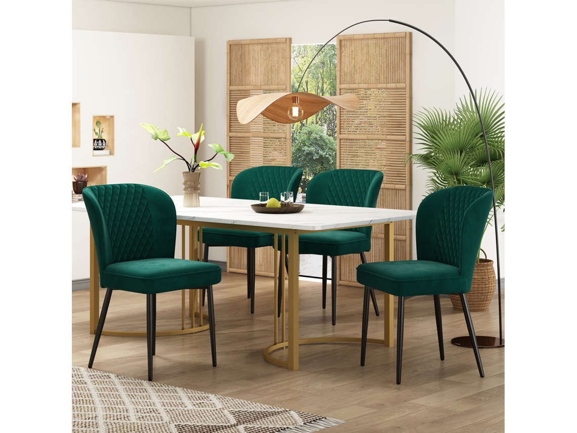 Mesa de 140 cm con 4 sillas en terciopelo verde y dorado.