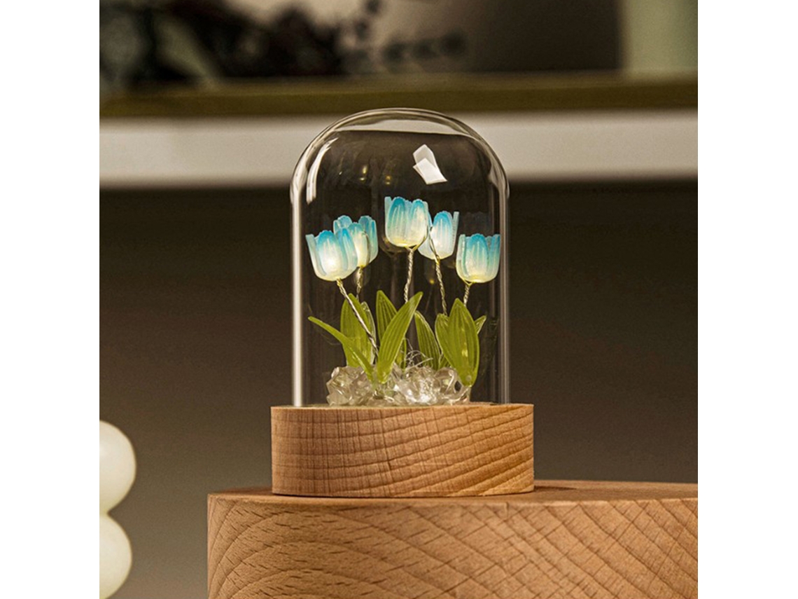 Lámpara de mesa LED con forma de tulipán, azul, decorativa, para uso ambiental.