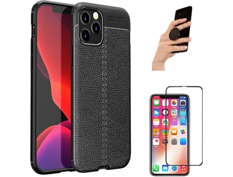 Carcasa + Protector + Popsocket iPhone 12 Rugged Leather Negro
