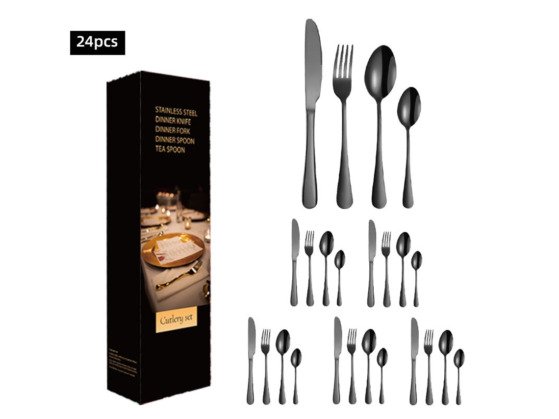 (juego De 24 Piezas - Negro) Juego De Cubiertos De Acero Inoxidable Con Cuchillos, Tenedores Y Cucharas De Acero Inoxidable.