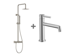 Conjunto de columna y grifo para lavabo monomando Kibath, acabado en níquel cepillado y latón.