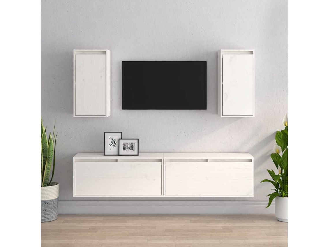 Mueble para TV de 4 piezas | Mueble para TV | Mueble para TV de madera maciza de pino, blanco