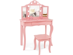 Tocador de Maquillaje para Niña con Taburete, Juego de Maquillaje Princesa 2 en 1 con Espejo Triple Plegable de Vidrio y Cajón para Niñas COSTWAY