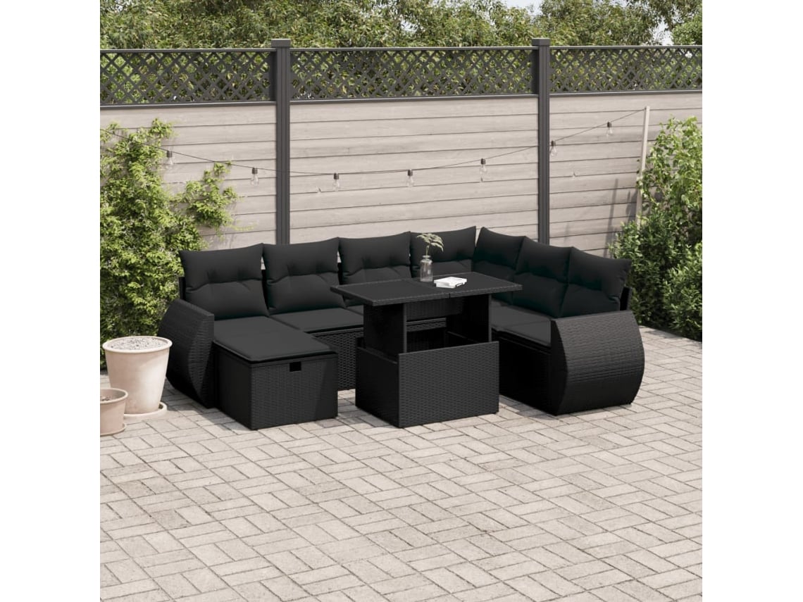 Conjunto de sofá de jardín de 8 piezas con cojines en mimbre sintético negro de DKD Home Decor