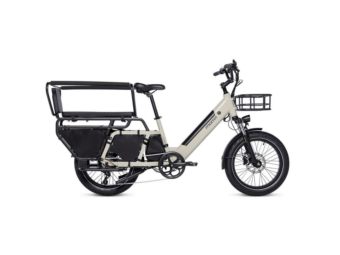 Bicicleta de carga eléctrica compacta de aluminio con cambio Shimano Tourney de 7 V y autonomía de hasta 100 km. Batería de 48 V y 15 Ah. Moma Bikes.