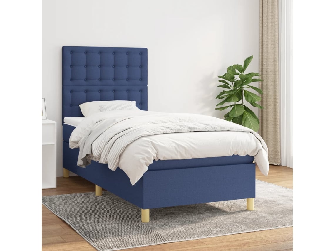 Cama Box Spring Con Colchón Tela Azul 80x200 Cm