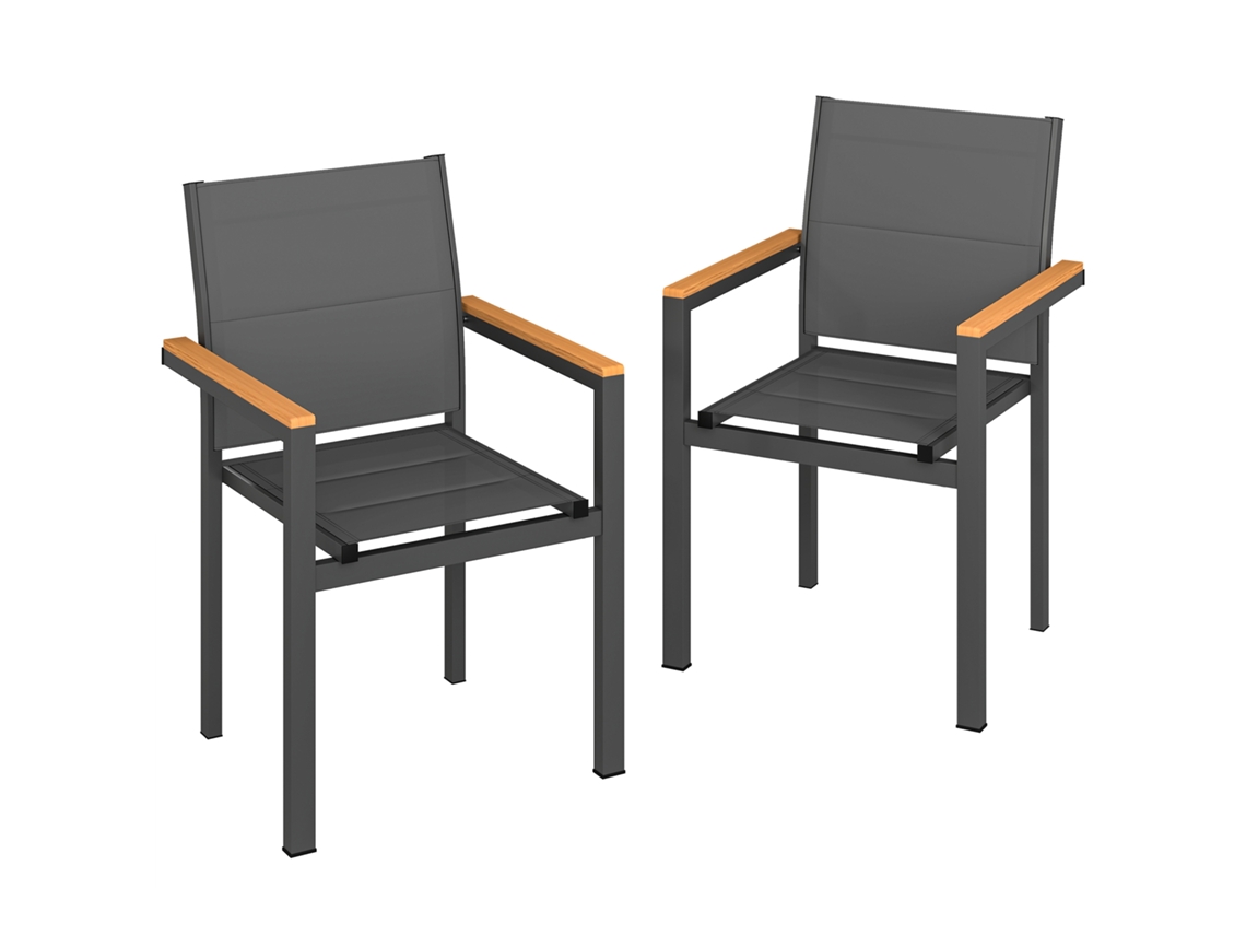 Juego de 2 sillas de jardín apilables PMM CAPITALI, asiento acolchado, estructura de plástico y madera, 56x55x85 cm, gris oscuro.