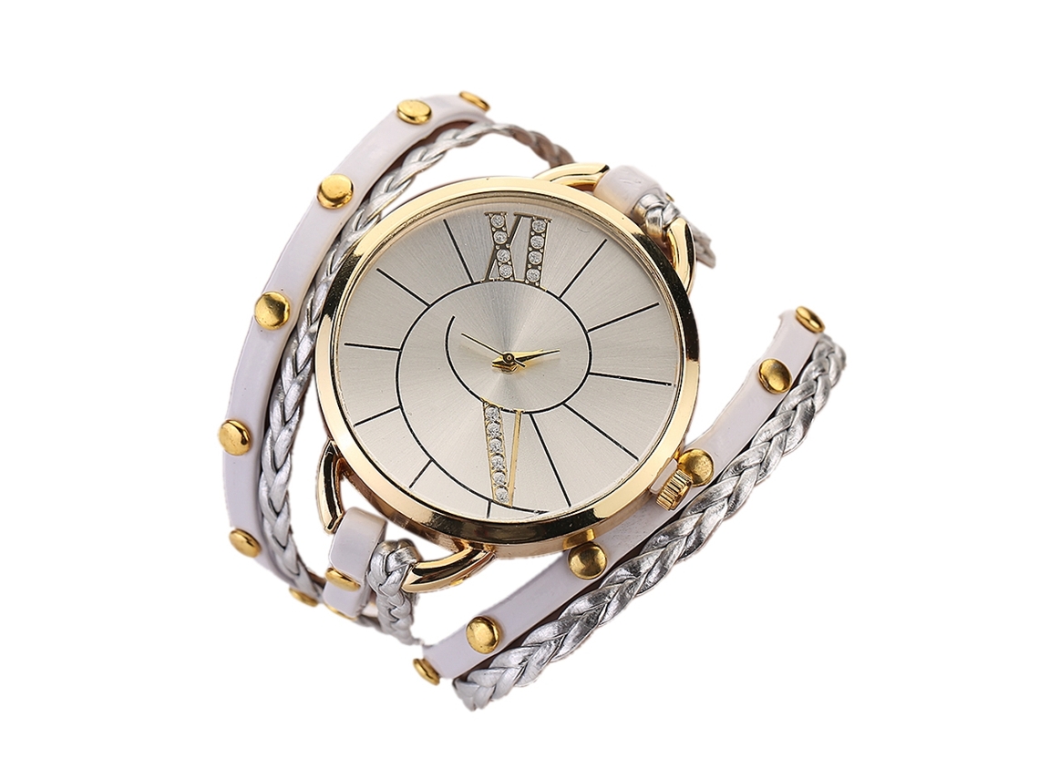 Reloj De Pulsera Retro Para Mujer Con Correa Trenzada Multicapa Y Movimiento De Cuarzo Blanco.