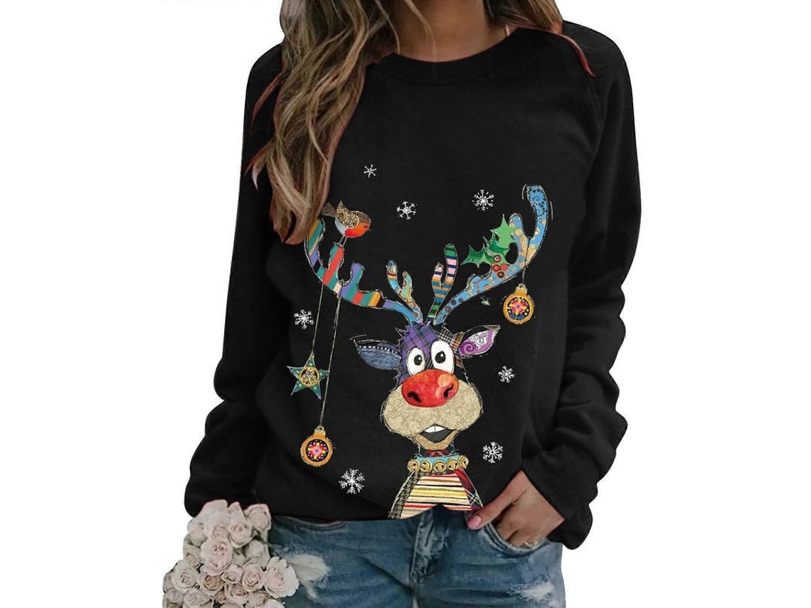 2026-jerseis Navideños Para Mujer Con Estampado De Navidad Manga Larga Cuello Redondo Talla Estándar Xl Negro