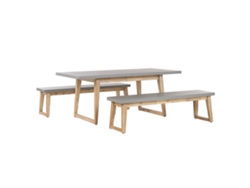 Conjunto de jardín mesa y 2 bancos de cemento reforzado gris/madera clara BELIANI Oria