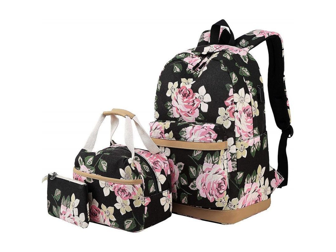 2026-mochila Escolar Floral 3 En 1 Con Bolsa De Almuerzo Y Estuche, Puerto De Carga Usb, Durable Para Niñas Y Mujeres Negro