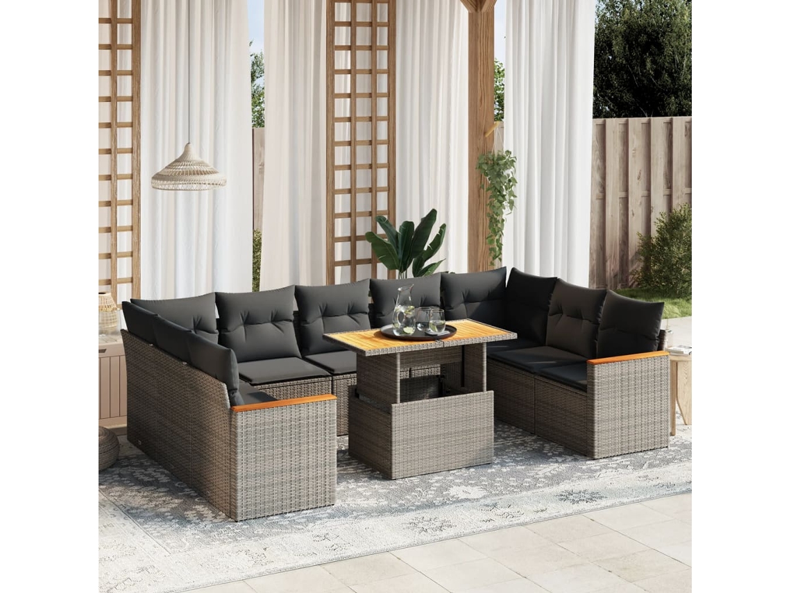 Conjunto de sofá de jardín de 10 piezas con cojines, ratán gris, DKD Home Decor