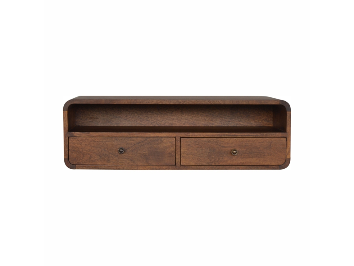 Consola flotante de madera maciza marrón, 2 cajones y 1 estante, color marrón oscuro, muebles artesanales.