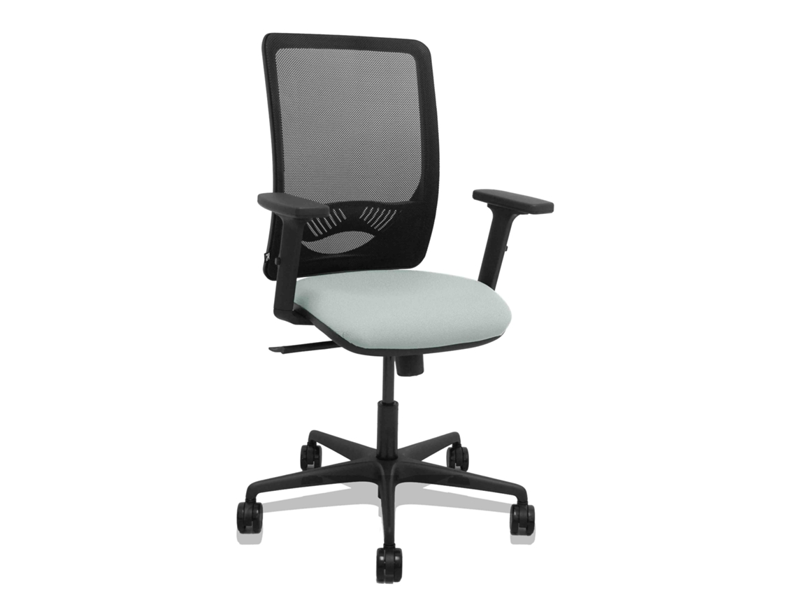 Silla de oficina Zulema con mecanismo sincronizado, tapizada en tela gris claro y malla negra.