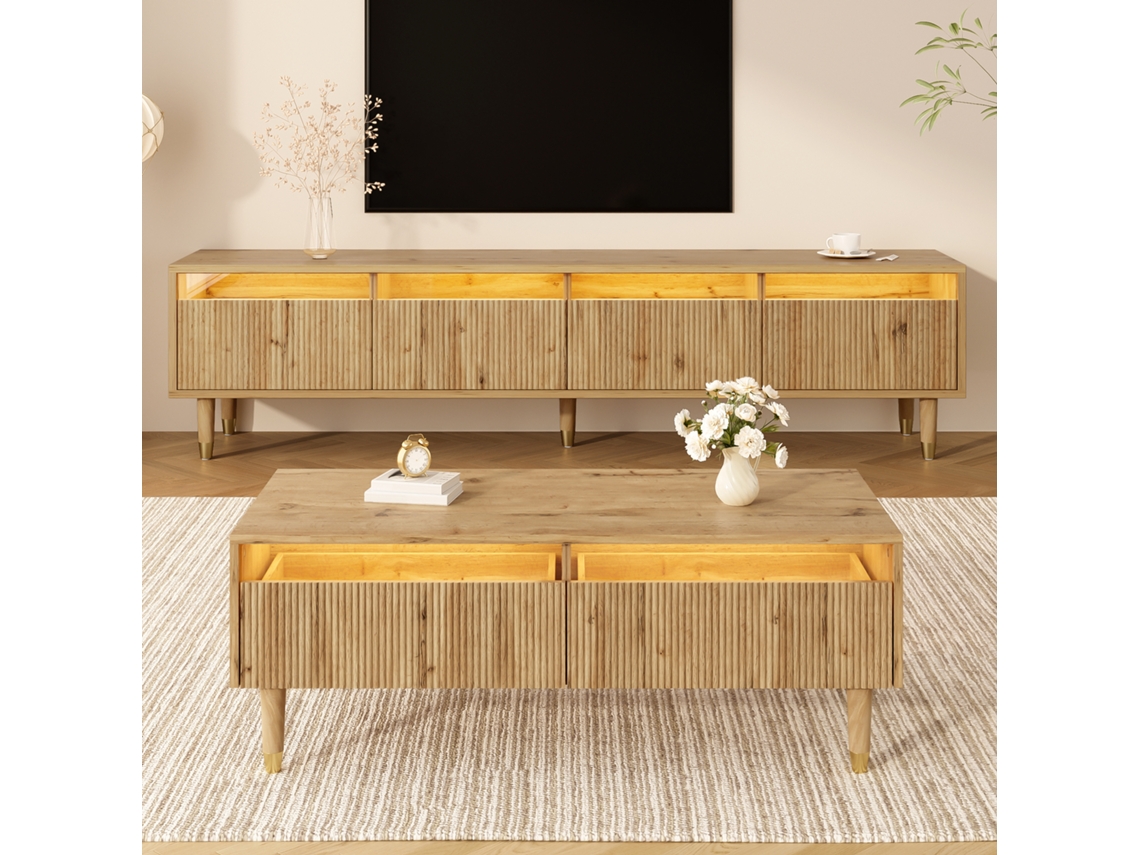 Conjunto De Tv Con 4 Puertas + Mesa De Centro 2 Cajones, Led 7 Colores, Almacenamiento Integrado, Sala, 178x35x45cm, Madera