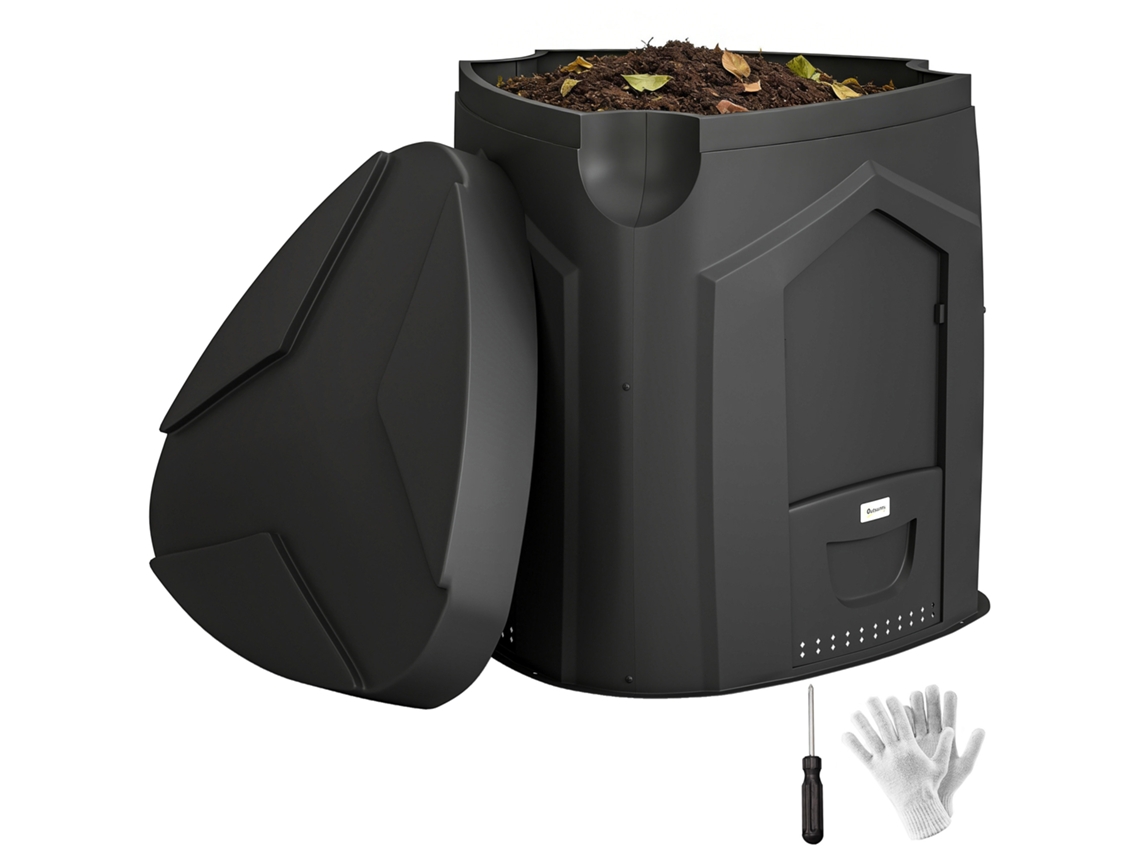 Compostador de jardín de 240 litros con 3 puertas y ventilación, color negro. PMM CAPITALI