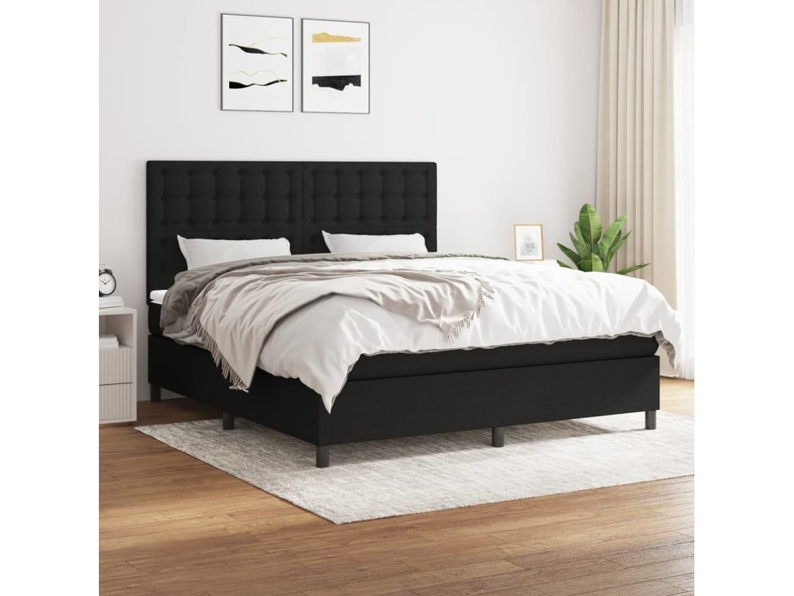 Cama Box Spring Con Colchón Tela Negro 160x200 Cm