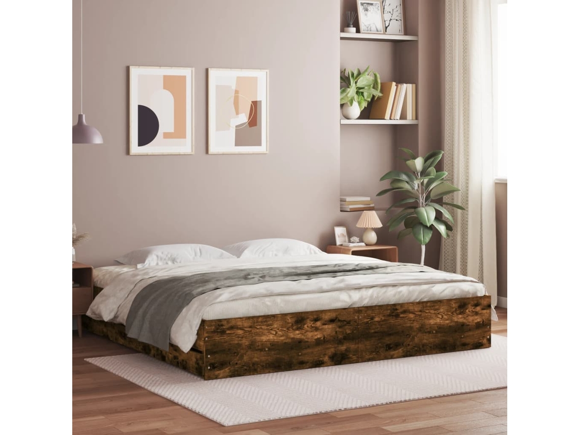 Cama Con Cajones Madera De Ingeniería Roble Ahumado 160x200 Cm