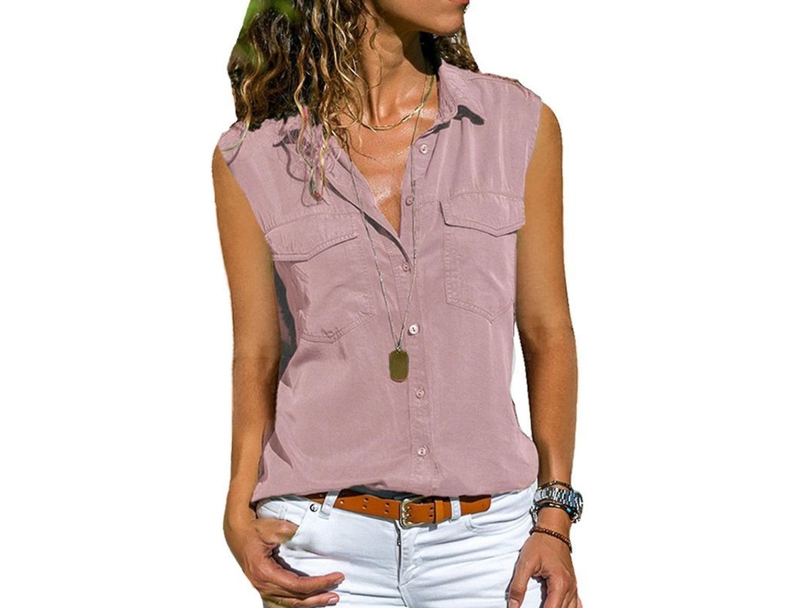 2026-chaleco Camisa Sin Mangas Mujer Con Botones Y Bolsillos Color Sólido Para Verano