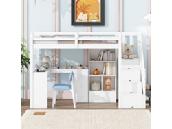 Cama Alta De Madera De 90x200 Cm - Con Escritorio Y Múltiples Espacios De Almacenaje - Blanco