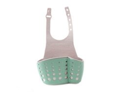 Organizador colgante para fregadero de cocina con diseño de doble capa para espuma, cepillo, jabón y toalla verde.