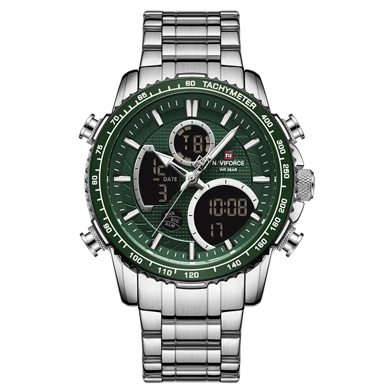 Reloj para hombre (verde plateado) con pulsera de acero inoxidable, resistente al agua, cronógrafo deportivo y visualización de fecha.