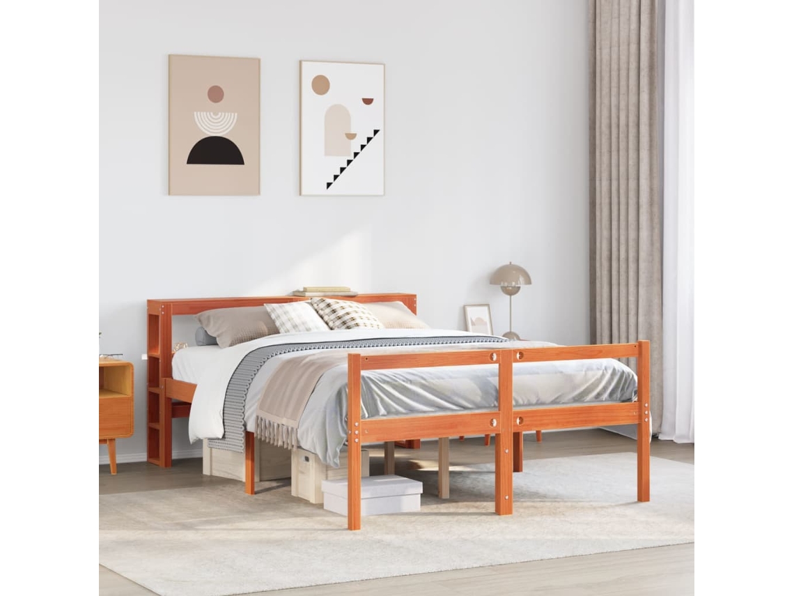 Estructura Cama Con Cabecero Madera Pino Marrón Cera 160x200 Cm