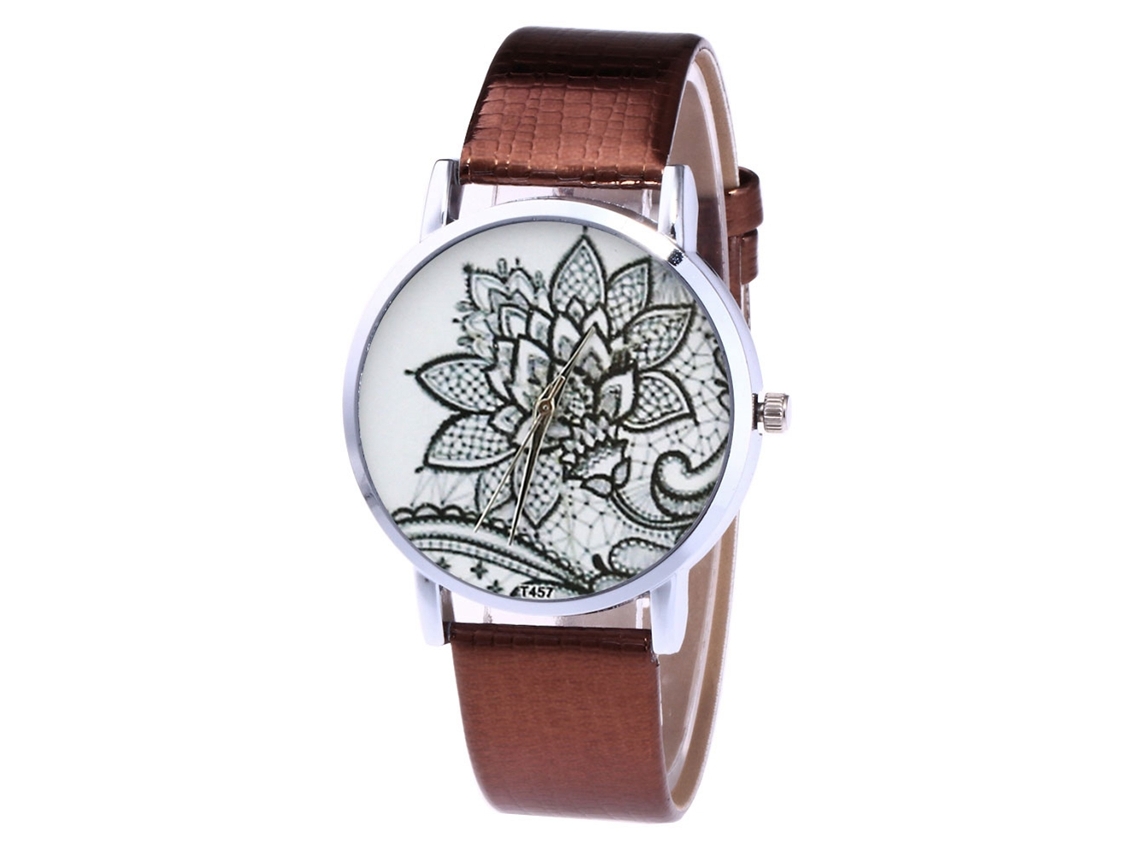 Reloj De Pulsera De Cuarzo Zhoulianfa Con Estampado Floral Y Cubierta De Piel Sintética Para Hombre Y Mujer - Color Café