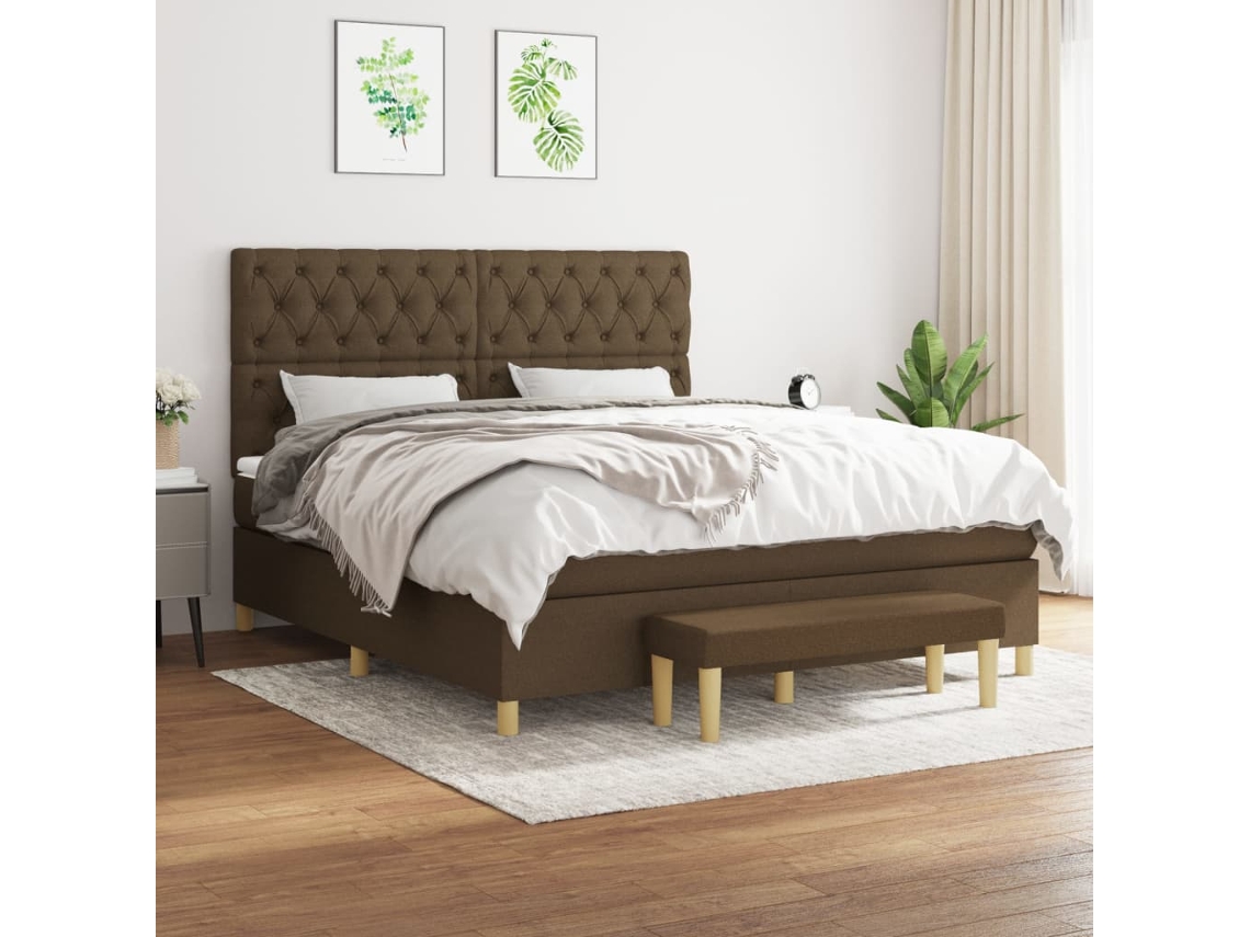 Cama Box Spring Con Colchón Tela Marrón Oscuro 160x200 Cm