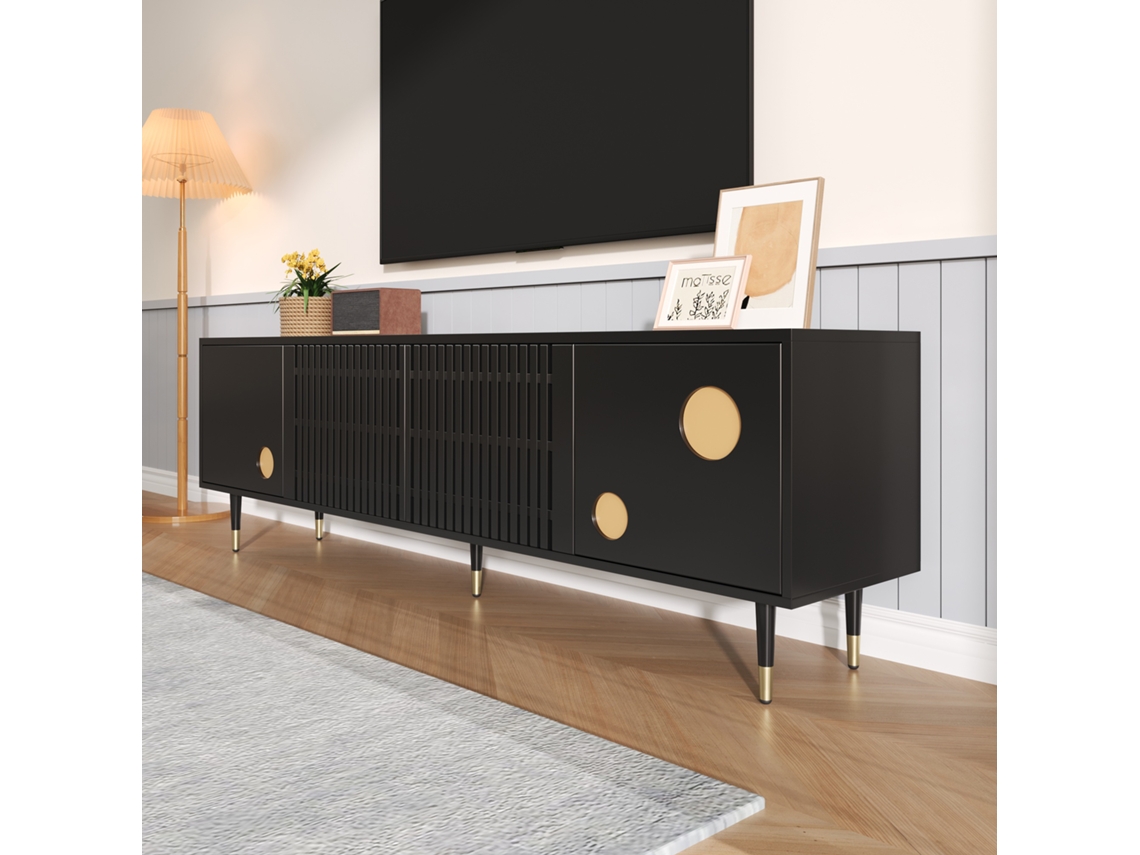 Mueble de TV con estructura enrejada, tiradores empotrados y detalles dorados. Mueble de salón. Dos puertas de madera maciza.