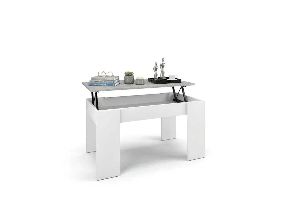 Mesa De Centro Elevable Con Almacenaje 90x43-53 Cm Norak Blanco Artik (blanco Mate) - Gris Cemento 90 X 43,5 X 50 Cm