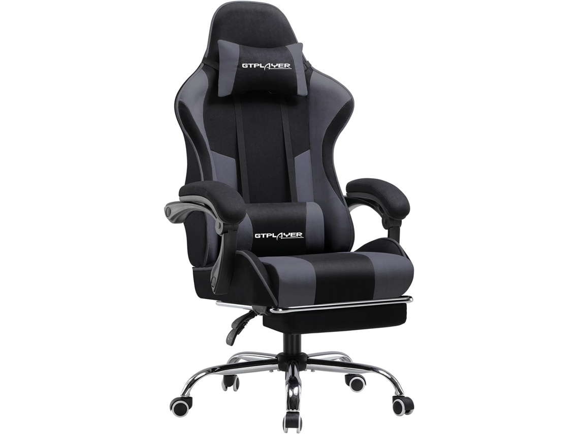 Silla de oficina GTplayer para gaming, de tela, ergonómica, con reposapiés, reposacabezas y cojín lumbar, color gris
