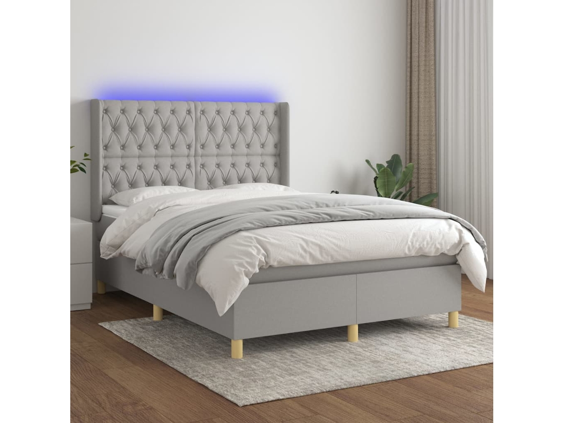 Cama Box Spring Colchón Y Luces Led Tela Gris Claro 140x200 Cm