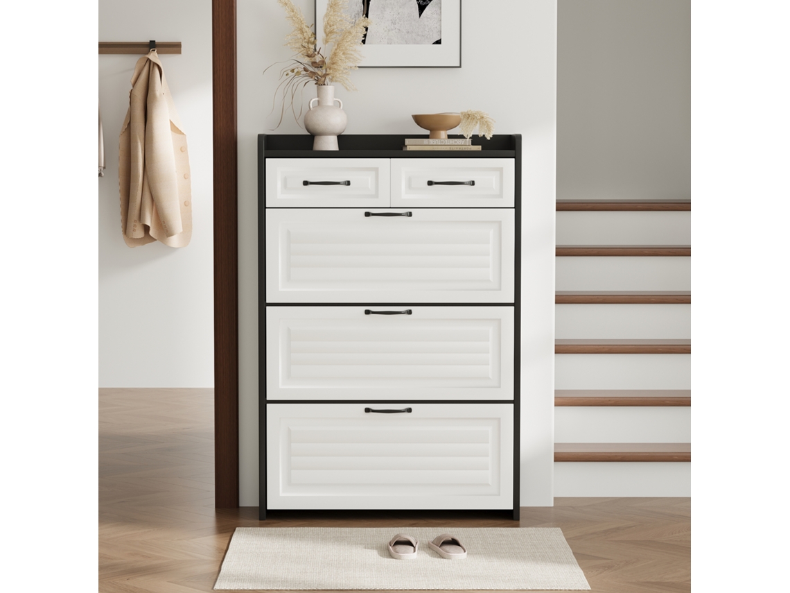 Zapatero con 3 puertas y 2 cajones, madera, para entrada y salón, blanco y negro, MOBRIO (80x23,5x131 cm)