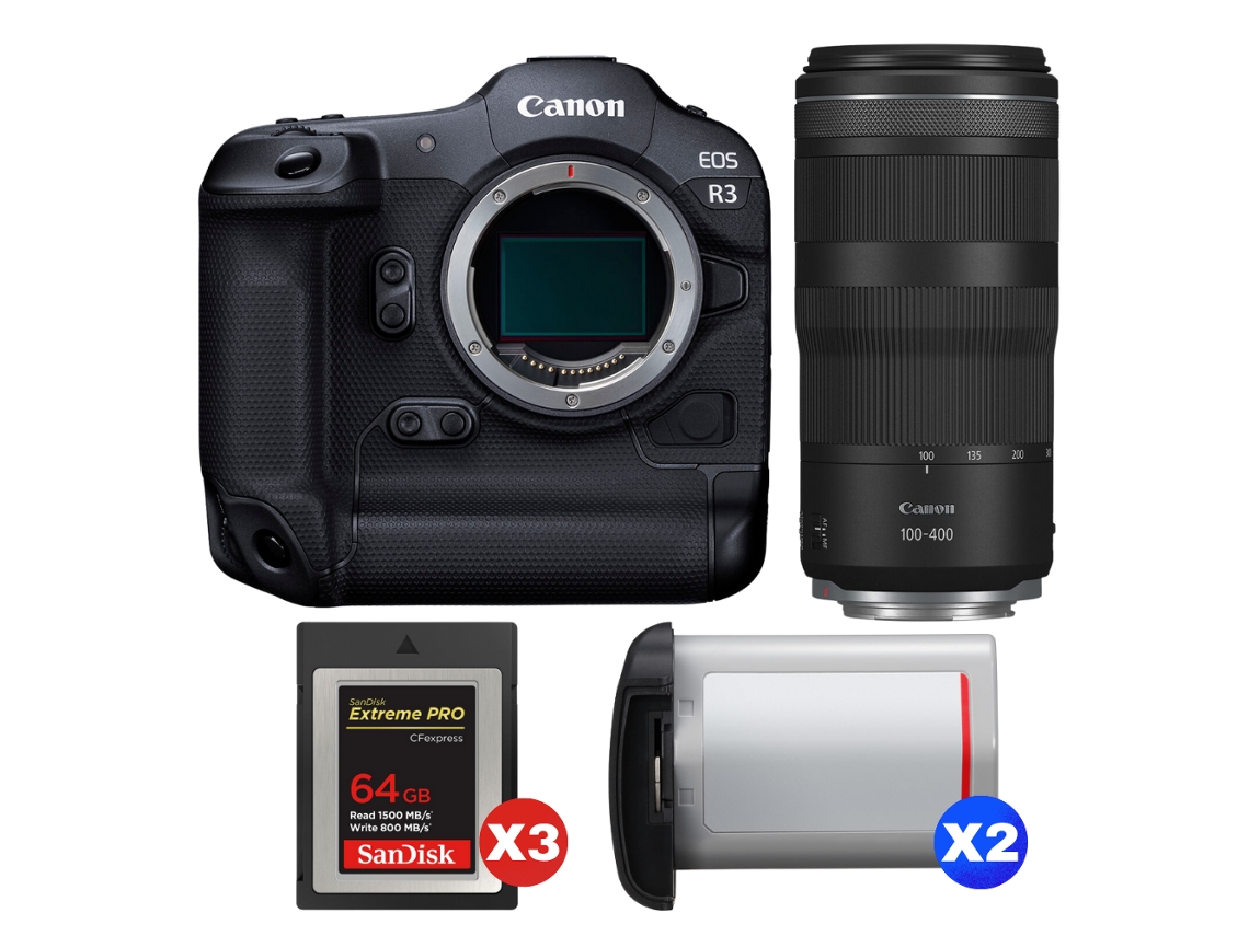 Canon Eos R3 + Rf 100-400mm F/5.6-8 Is Usm + 3 Sandisk 64gb Extreme Pro Cfexpress Type B + 2 Canon Lp-e19 + Ebook Pricedirect