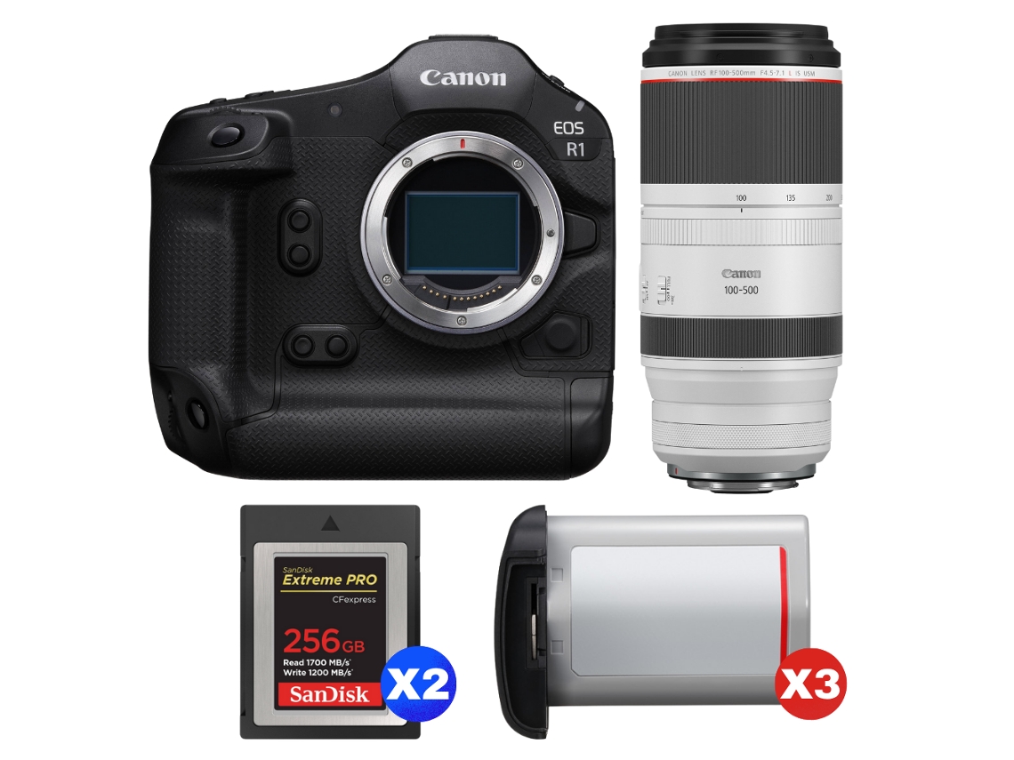 EOS R1 + RF 100 500mm F/4.5 7.1 L IS USM + 2 Sandisk 256GB Extreme Pro Cfexpress Tipo B + 3 Canon LP E19 + Libro electrónico Pricedirect CANON
