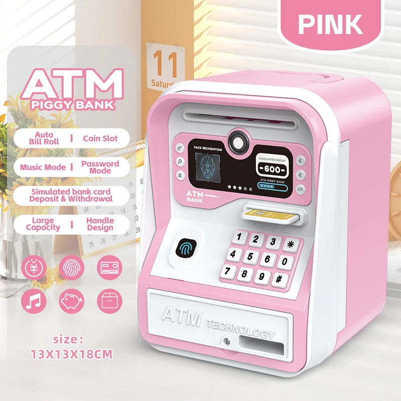 Cofrinho em Forma de Senha de Caixa Eletrônico Simulada, Brinquedo Infantil Criativo MDUG (rosa)