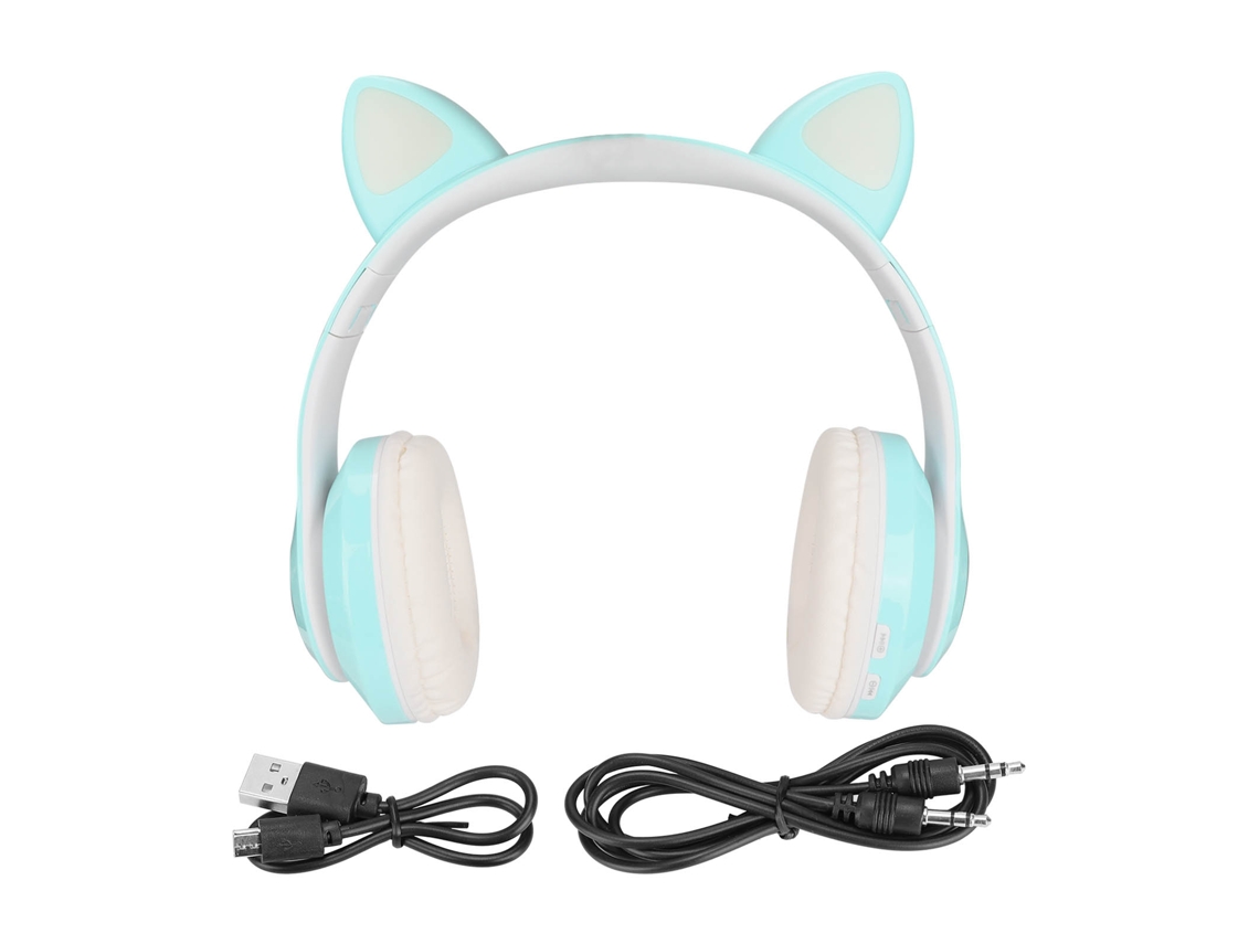 Auriculares Plegables Bluetooth 5.0 Para Niños Con Luces Led, Diseño De Orejas De Gato, Inalámbricos, Color Verde Agua Lxb39c