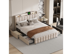 Cama Matrimonial Led 160x200cm Con 4 Cajones Y Usb - Tela De Lino Beige - Almacenaje Inteligente