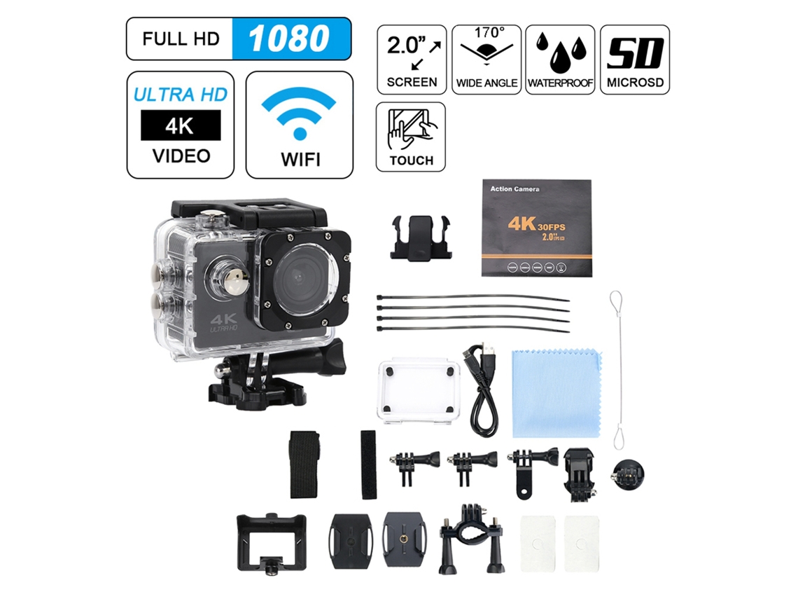 Cámara Deportiva F60 Con Pantalla 2 Pulgadas, Wifi, Ángulo Amplio 170°, 4k 30fps, Impermeable Y Kit Completo
