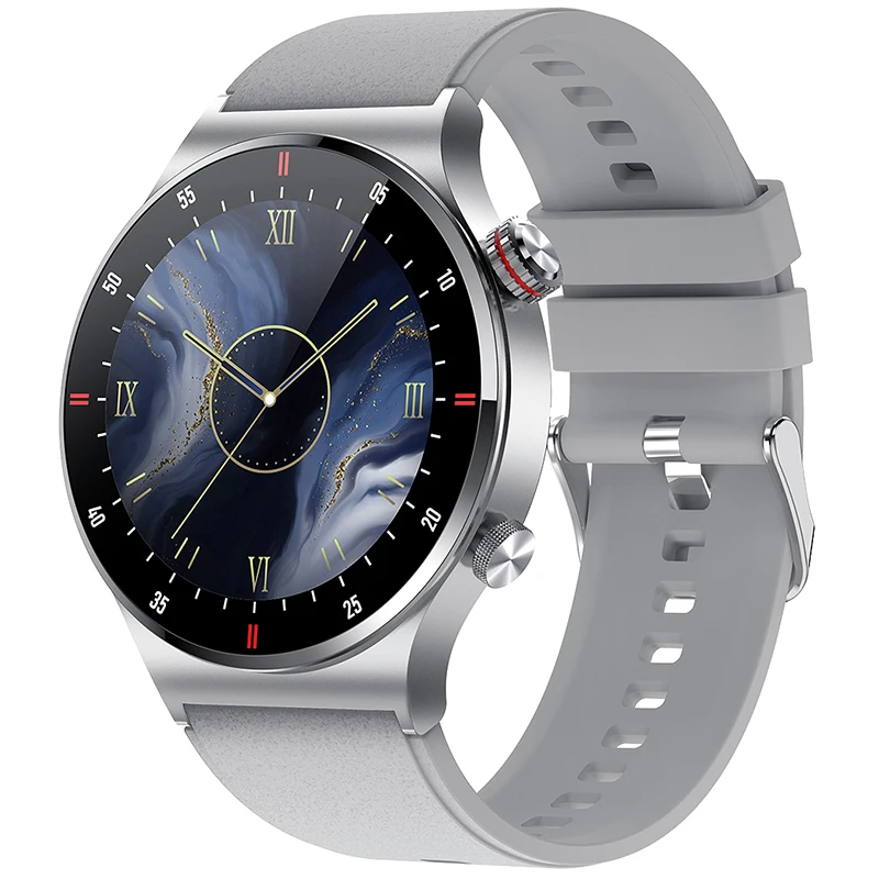 Reloj inteligente (gris) con GPS, NFC, ECG y PPG, llamadas Bluetooth y múltiples modos deportivos.