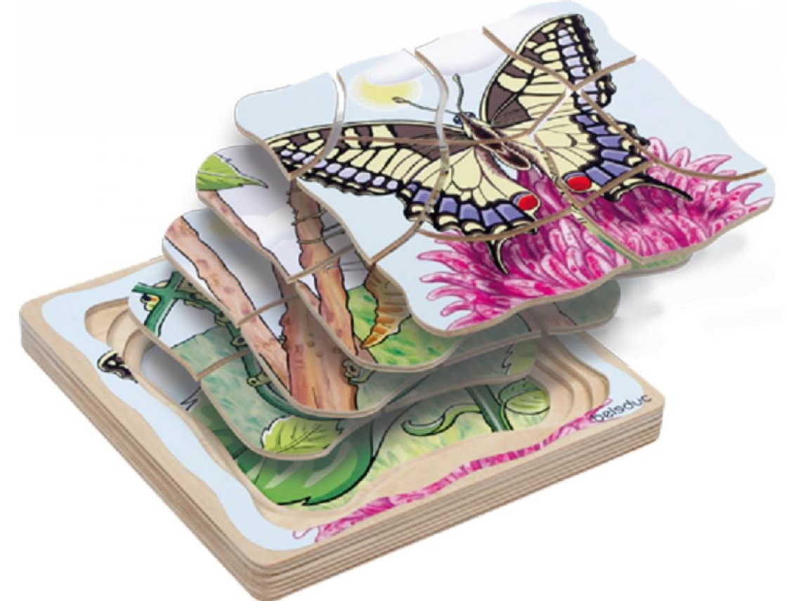 Rompecabezas de madera en capas con mariposas de Beleduc, 28 piezas.